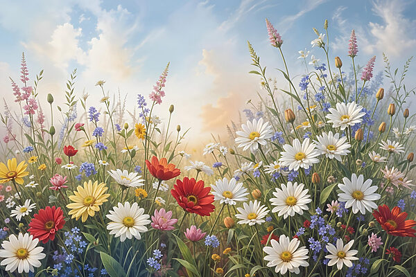 Field of flowers with blue sky and clouds