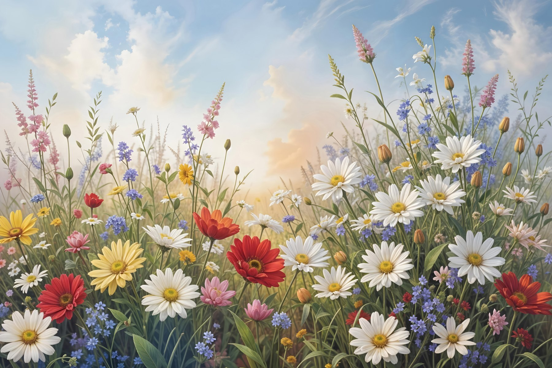 Field of flowers with blue sky and clouds