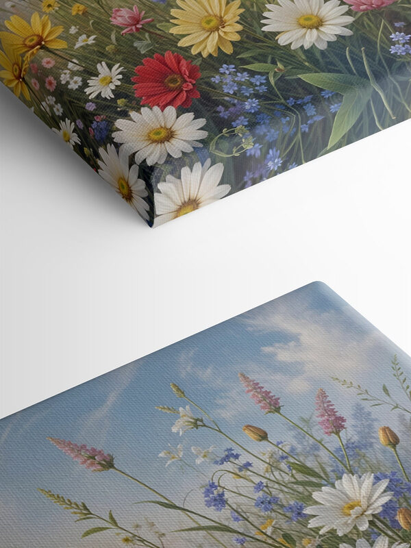 Field of flowers with blue sky and clouds