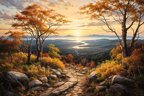 Path through a valley with trees and a river