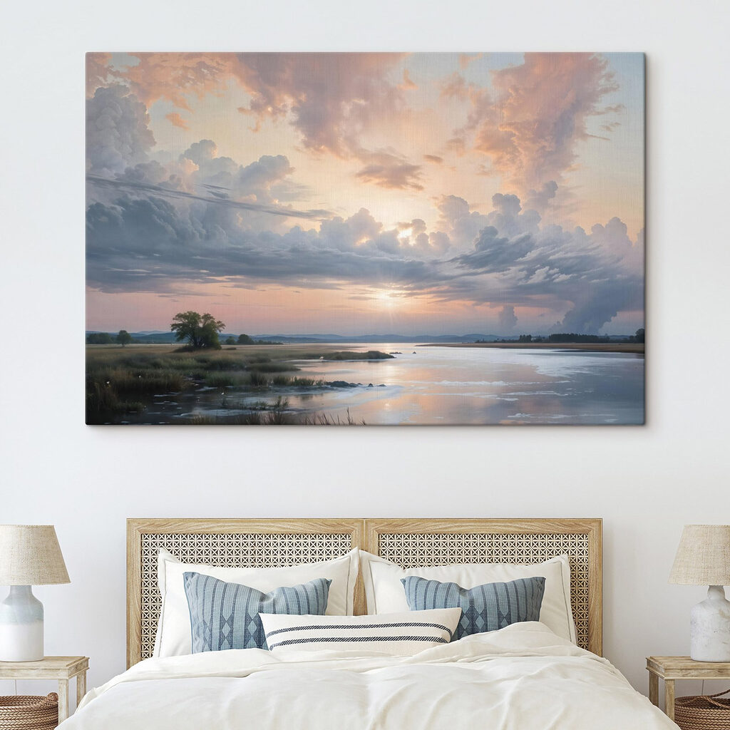 Body of water with a tree and clouds in the sky