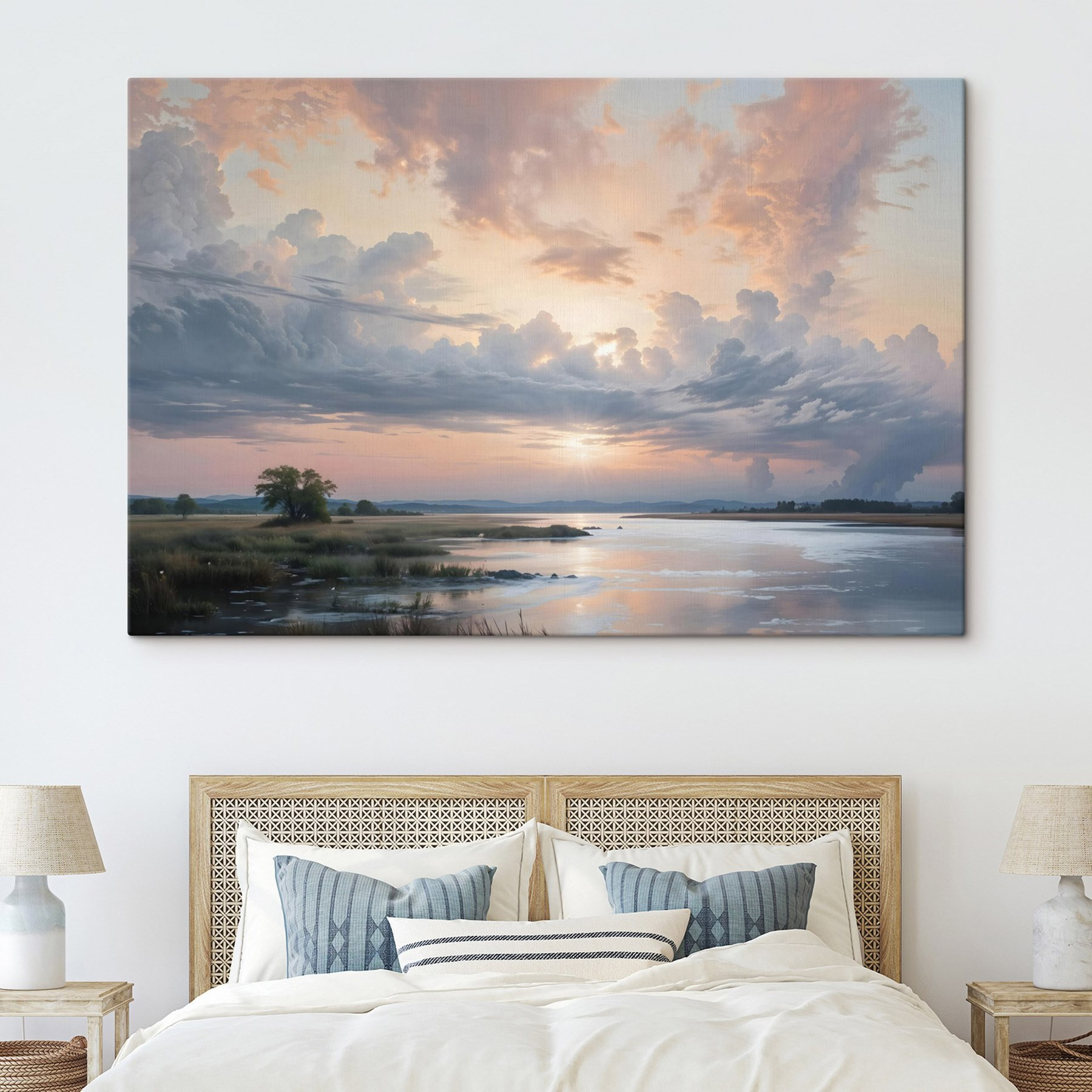 Body of water with a tree and clouds in the sky