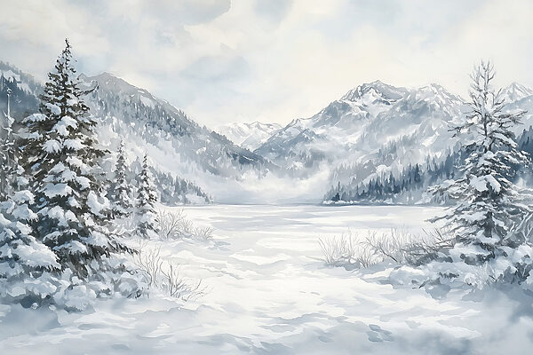 Snowy landscape with trees and mountains Snowy landscape with trees and mountains