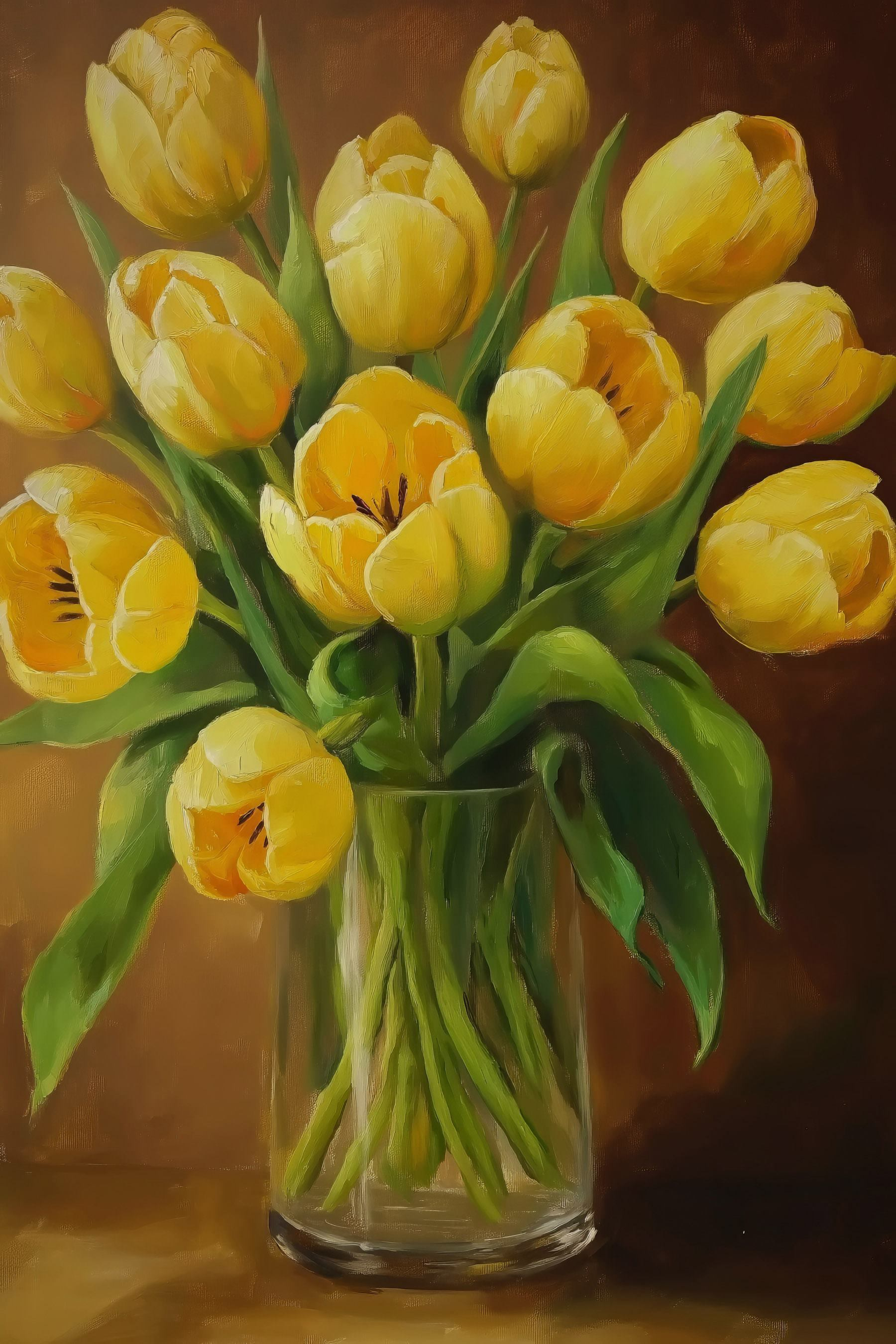 Painting of yellow tulips in a glass vase
