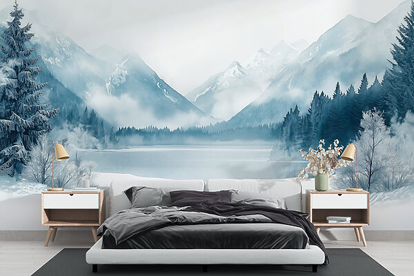 Fotomurales Fotomurales Lago rodeado de nieve y montañas (SKU: w02354)