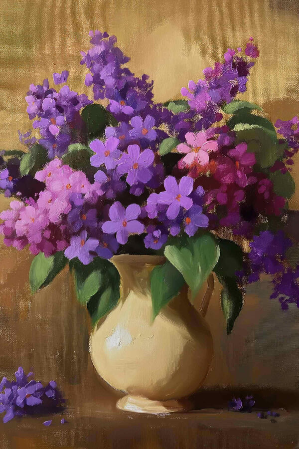 Painting of purple flowers in a vase