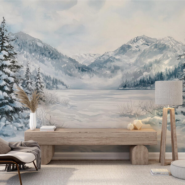 Snowy landscape with trees and mountains Snowy landscape with trees and mountains