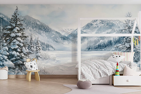 Snowy landscape with trees and mountains Snowy landscape with trees and mountains