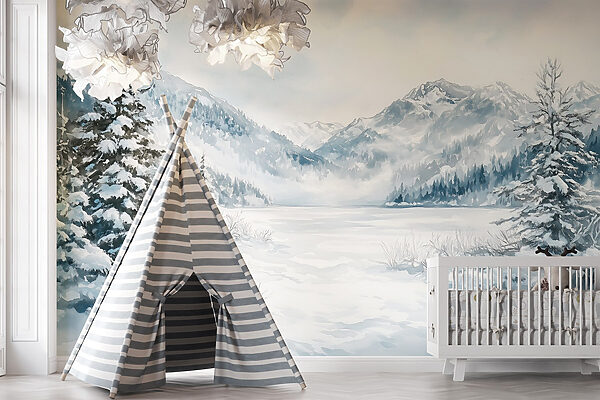 Snowy landscape with trees and mountains Snowy landscape with trees and mountains