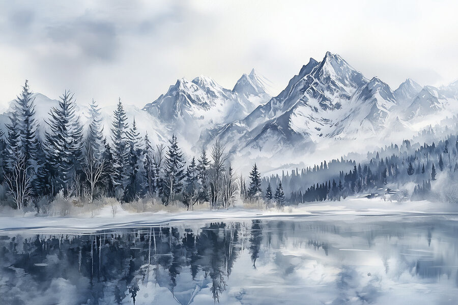 Lago con montañas y árboles cubiertos de nieve