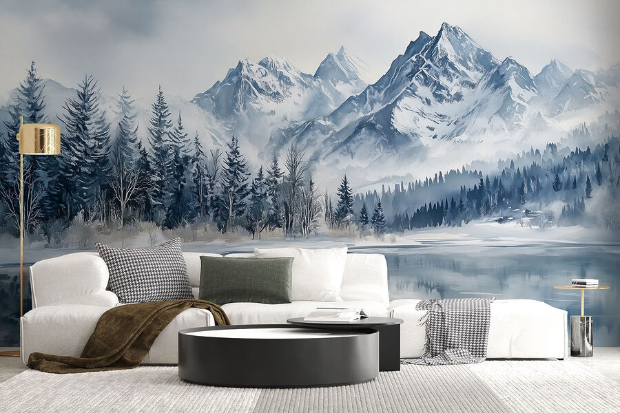 Lago con montañas y árboles cubiertos de nieve
