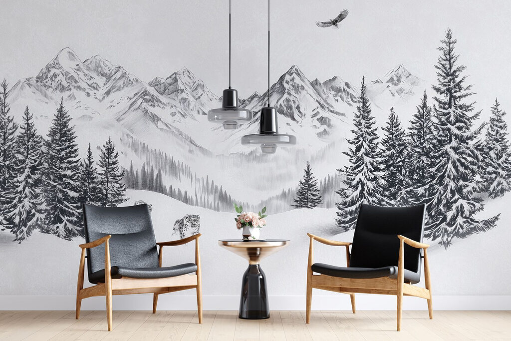 Snowy mountain landscape with trees and a bird flying over it Snowy mountain landscape with trees and a bird flying over it