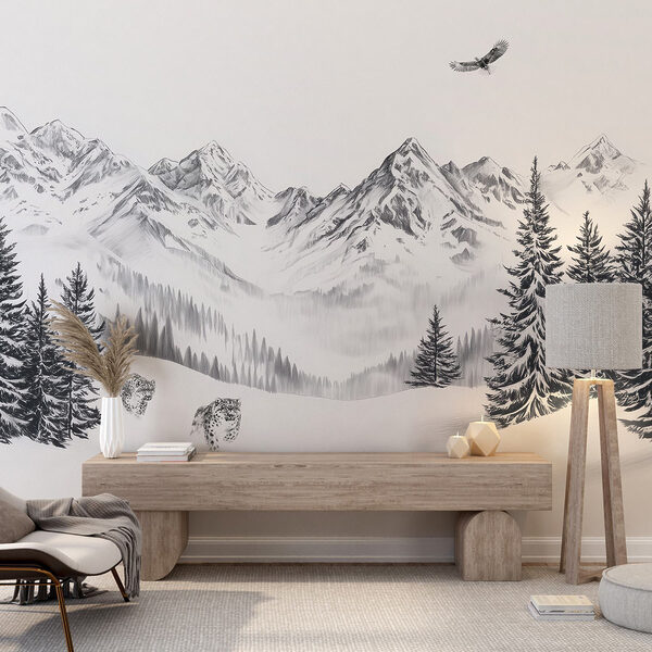 Paisaje montañoso nevado con árboles y un pájaro sobrevolándolo Paisaje montañoso nevado con árboles y un pájaro sobrevolándolo
