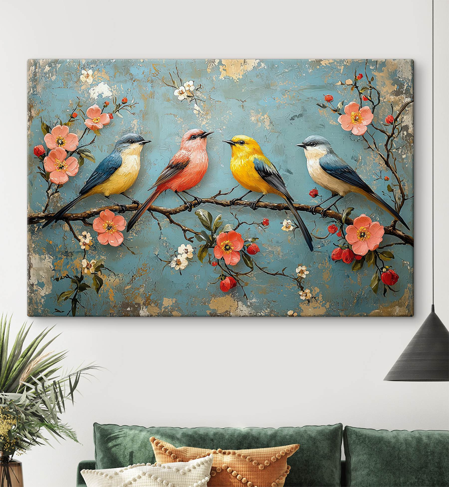Group of birds on a branch with flowers Group of birds on a branch with flowers