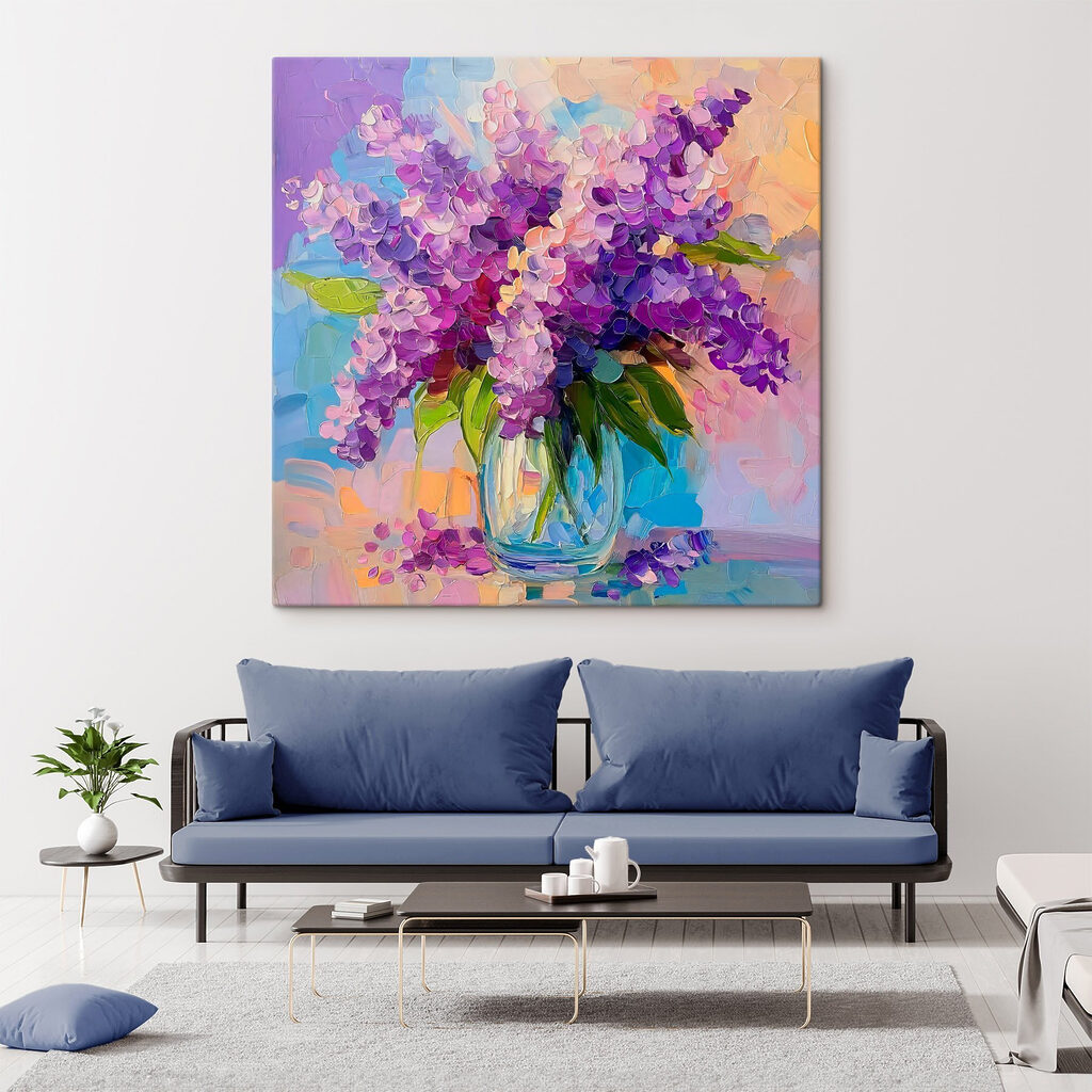 Painting of purple flowers in a glass vase Painting of purple flowers in a glass vase