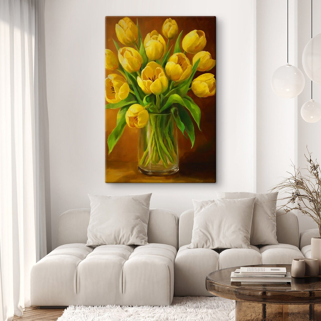 Painting of yellow tulips in a glass vase