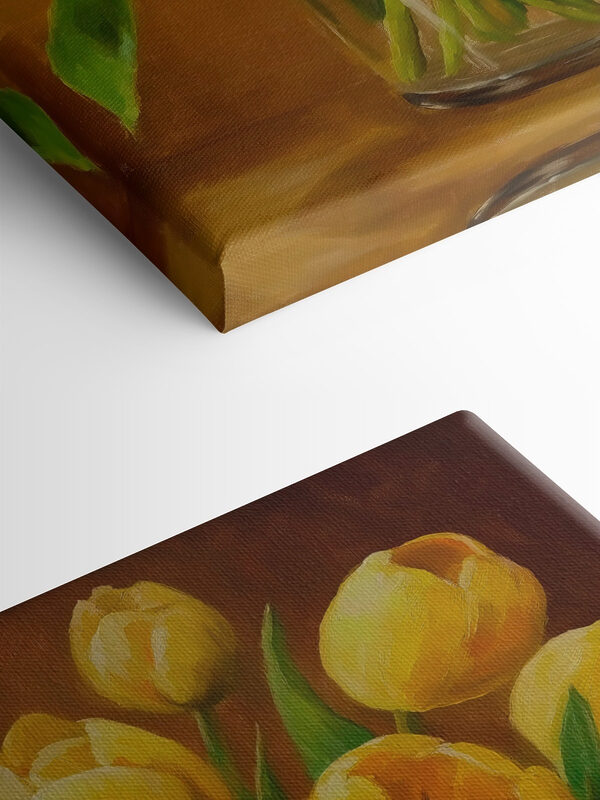 Painting of yellow tulips in a glass vase