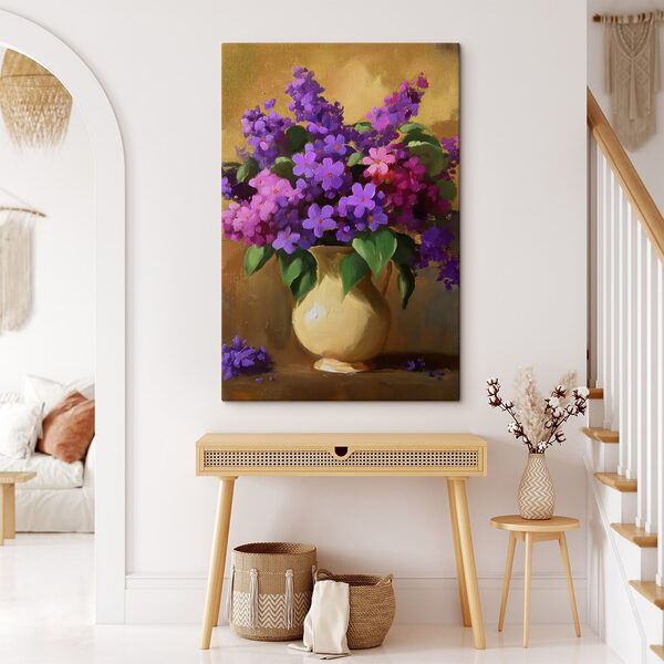 Painting of purple flowers in a vase