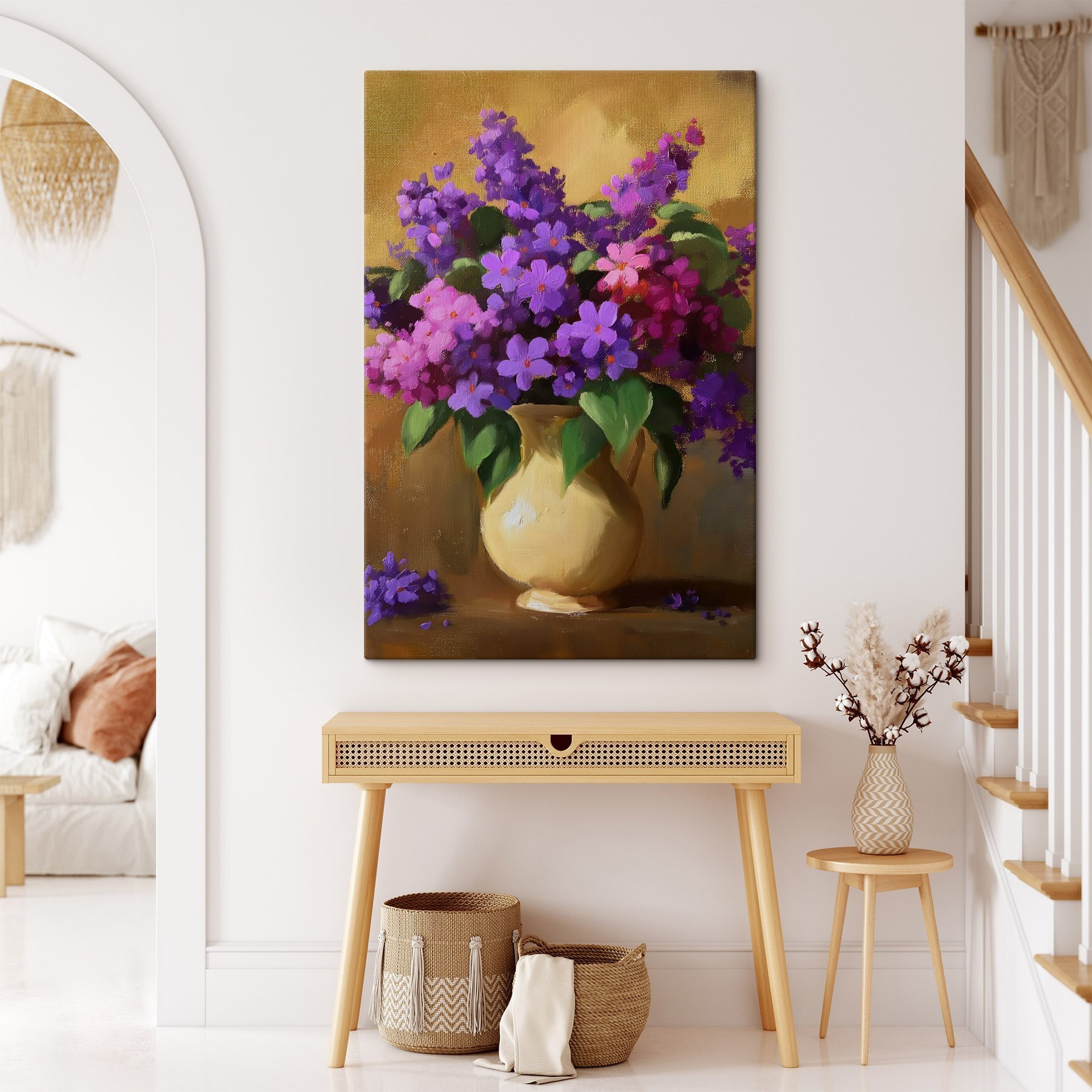 Painting of purple flowers in a vase