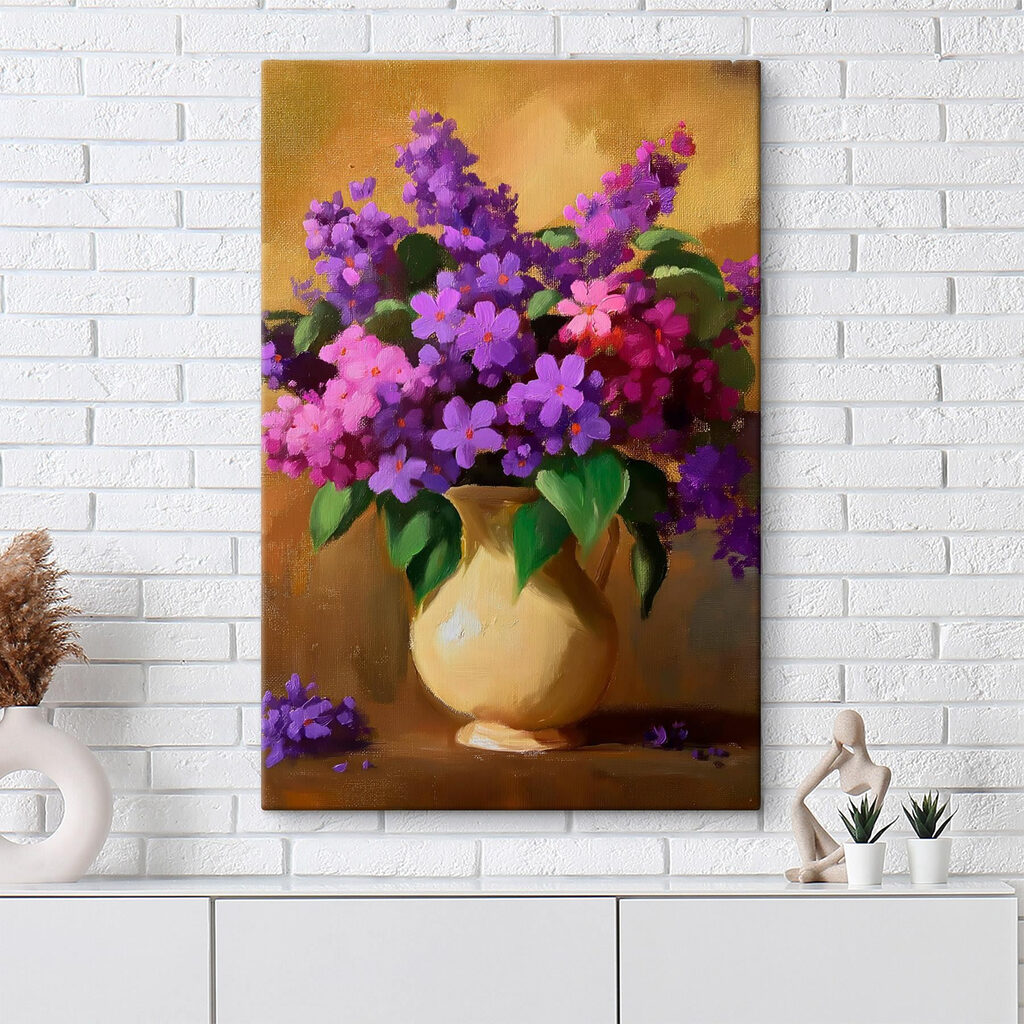 Painting of purple flowers in a vase