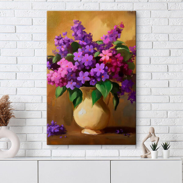 Painting of purple flowers in a vase