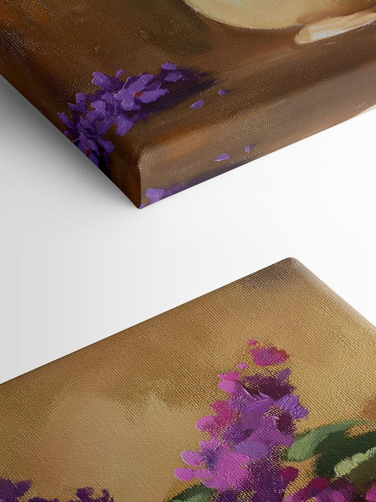 Painting of purple flowers in a vase