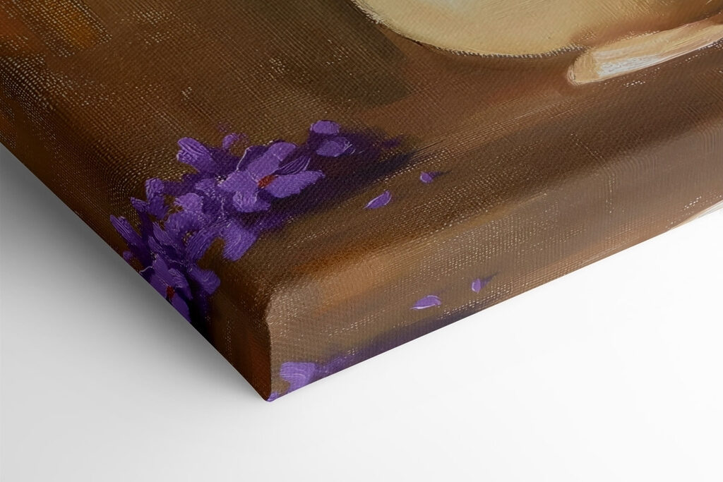 Painting of purple flowers in a vase