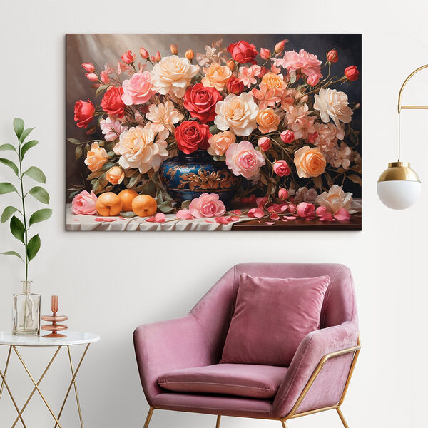 Vase of flowers and fruit