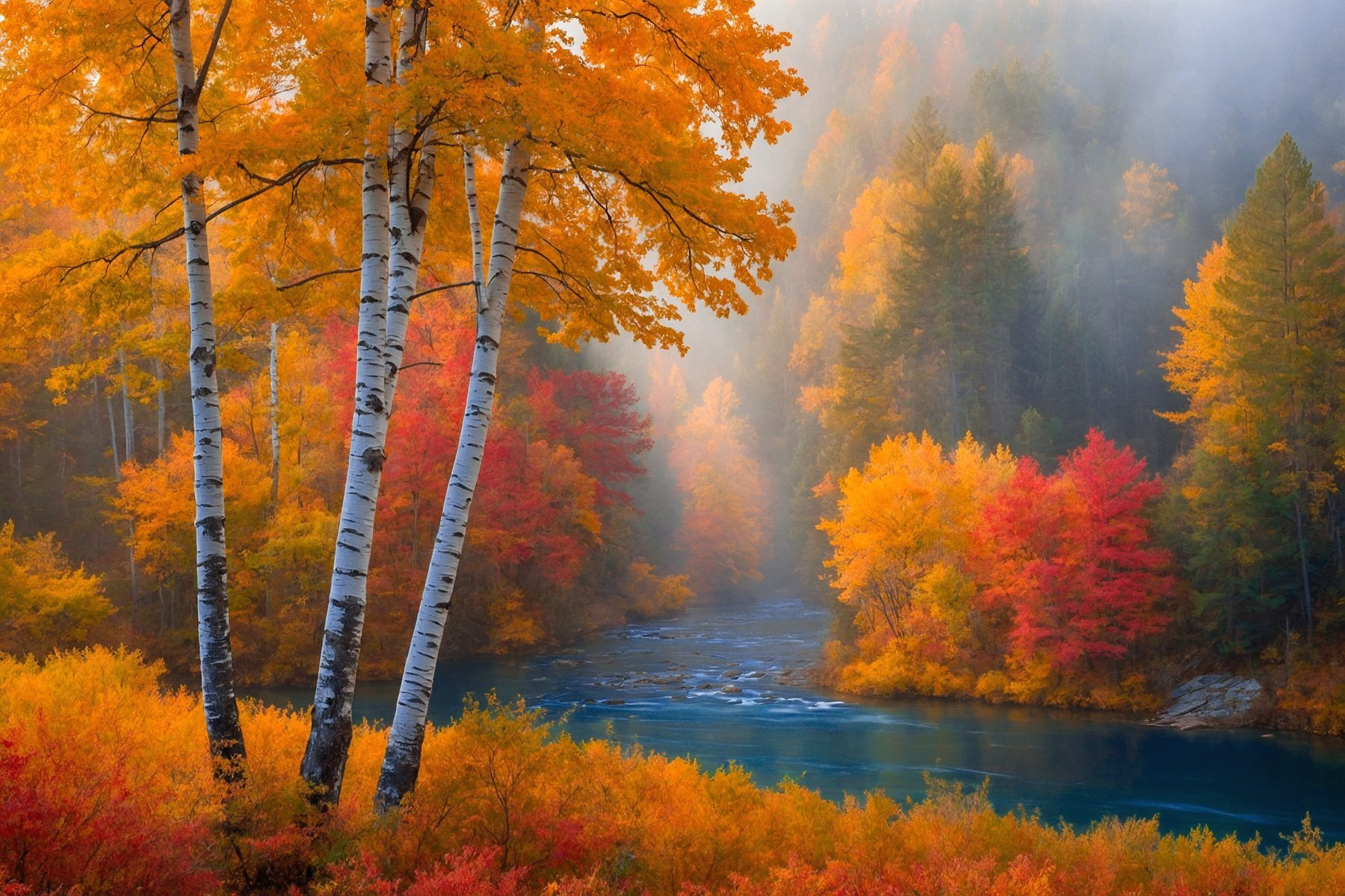 River with trees and colorful leaves River with trees and colorful leaves