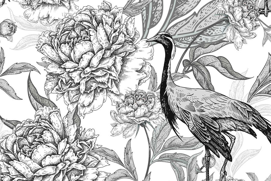 Pájaro y flores sobre fondo blanco