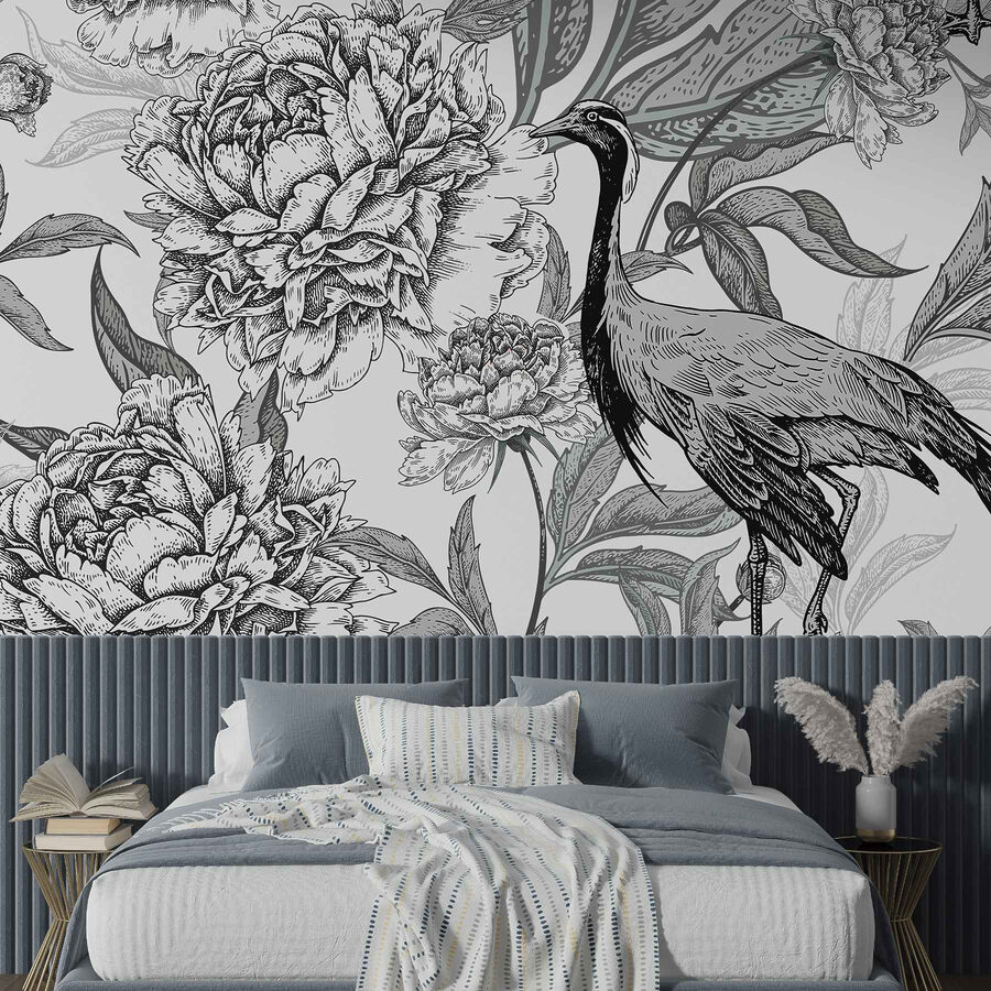 Pájaro y flores sobre fondo blanco