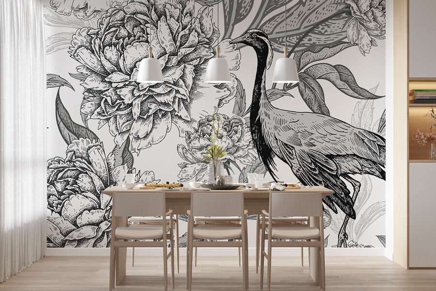 Pájaro y flores sobre fondo blanco