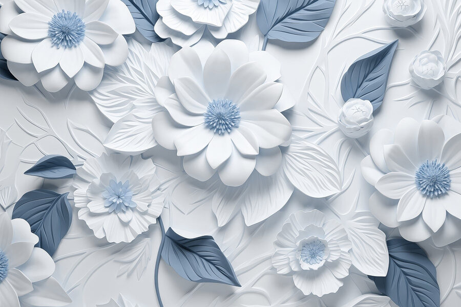 Flores y hojas blancas y azules