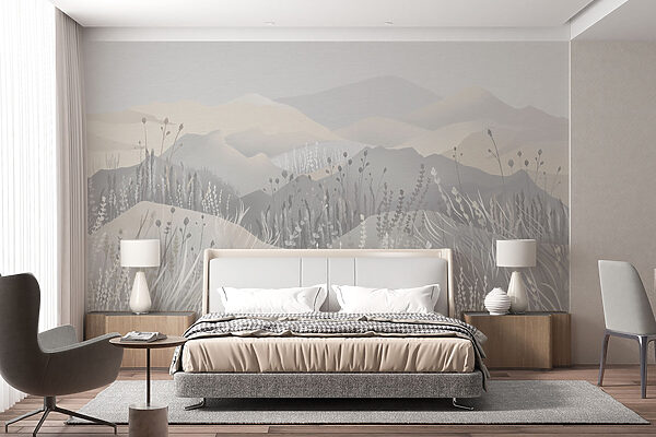 Painting of a landscape with mountains and grass