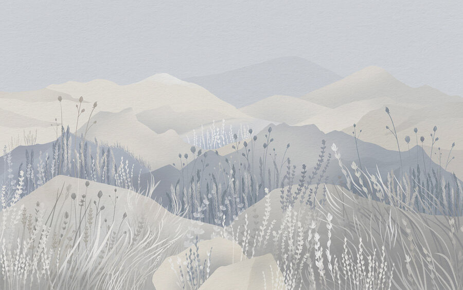 Pintura de un paisaje con montañas y hierba