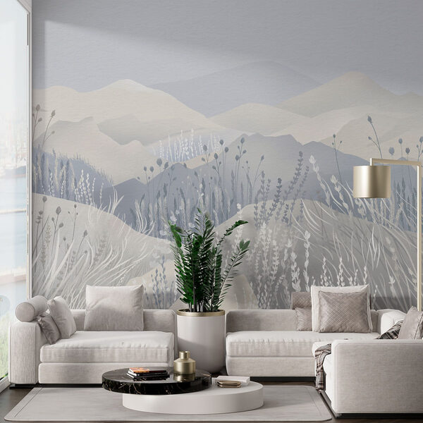 Pintura de un paisaje con montañas y hierba Pintura de un paisaje con montañas y hierba