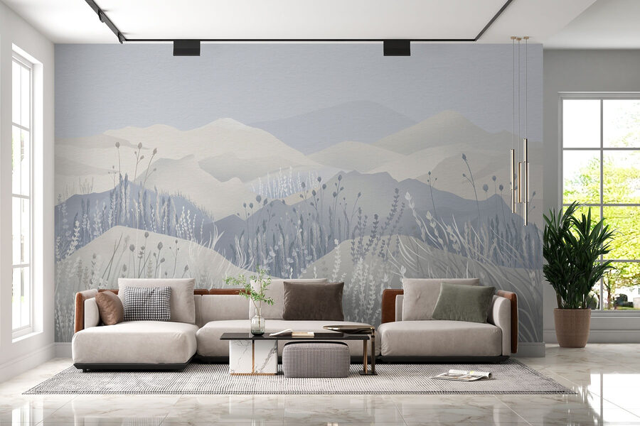 Pintura de un paisaje con montañas y hierba