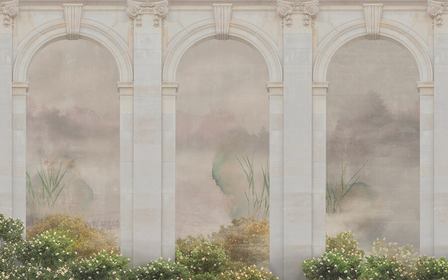 Papel pintado con arco de piedra y plantas