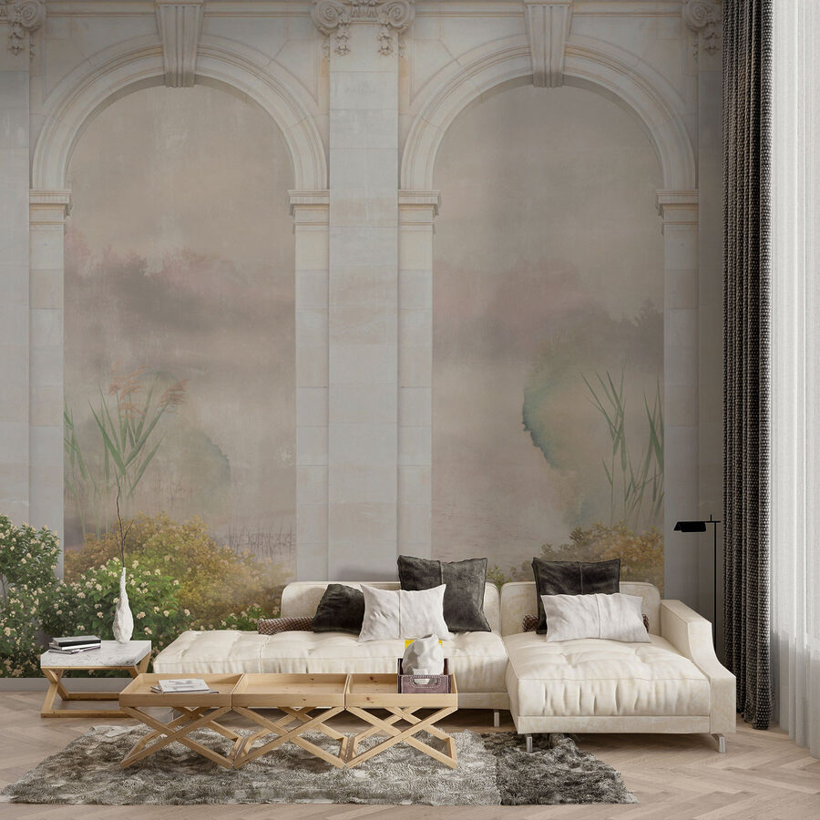 Papel pintado con arco de piedra y plantas