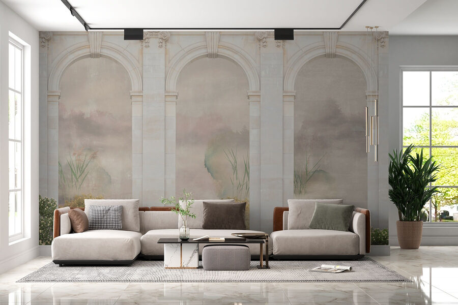 Papel pintado con arco de piedra y plantas