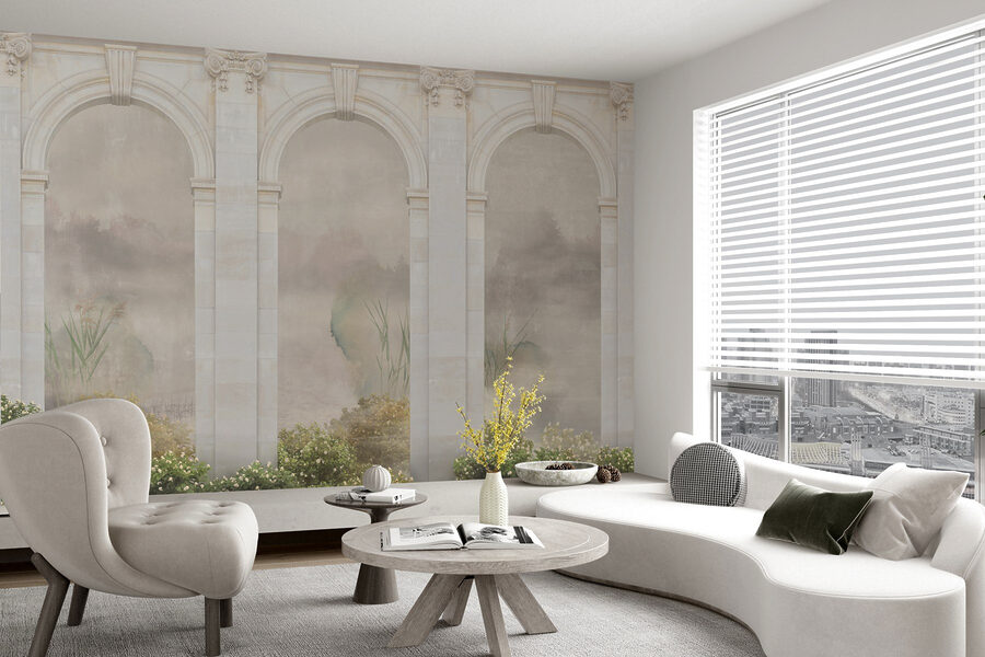Papel pintado con arco de piedra y plantas