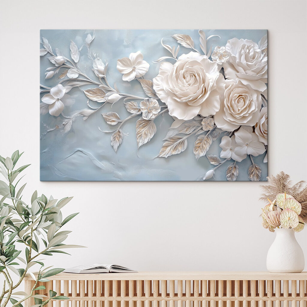 White flowers and leaves on a blue surface White flowers and leaves on a blue surface