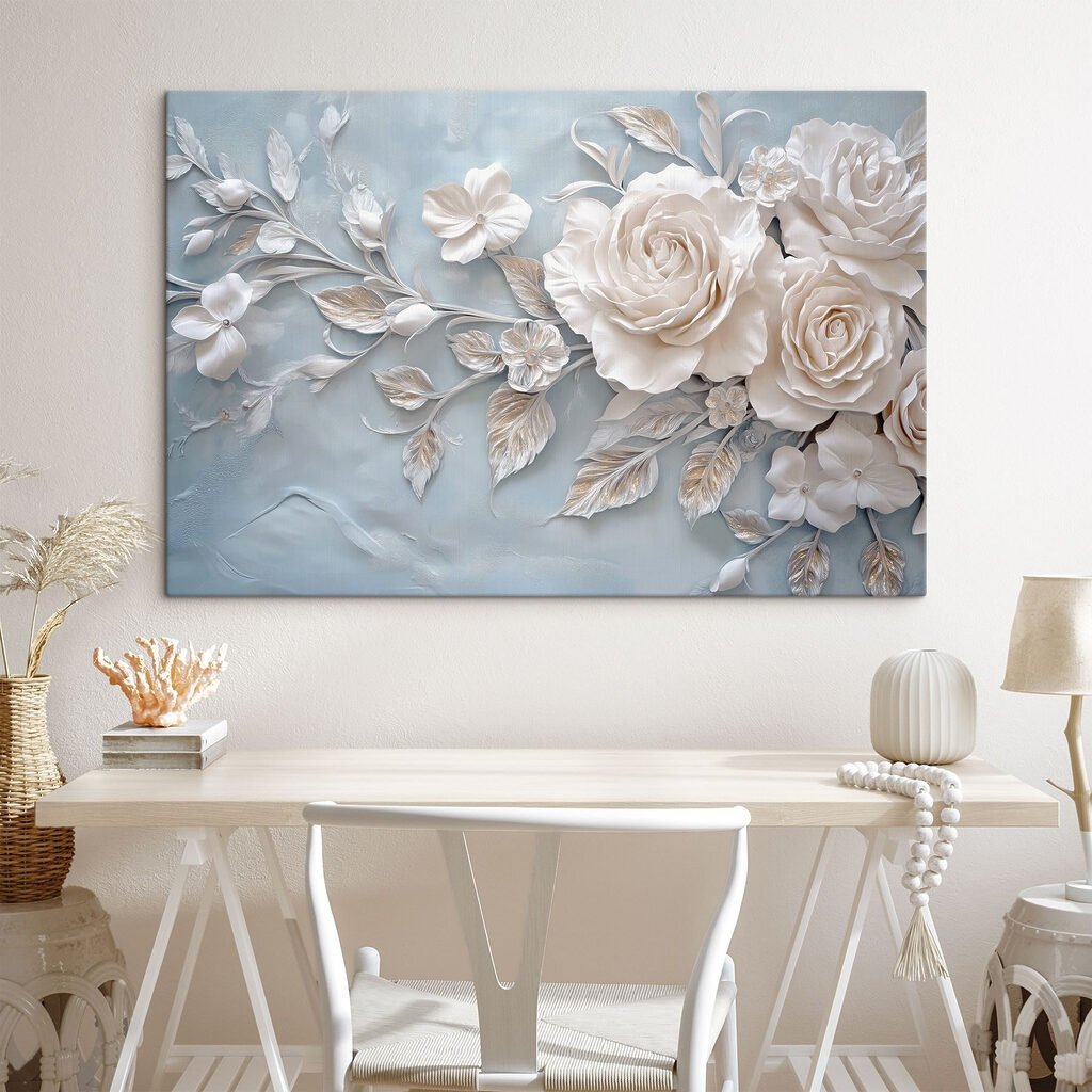 White flowers and leaves on a blue surface White flowers and leaves on a blue surface