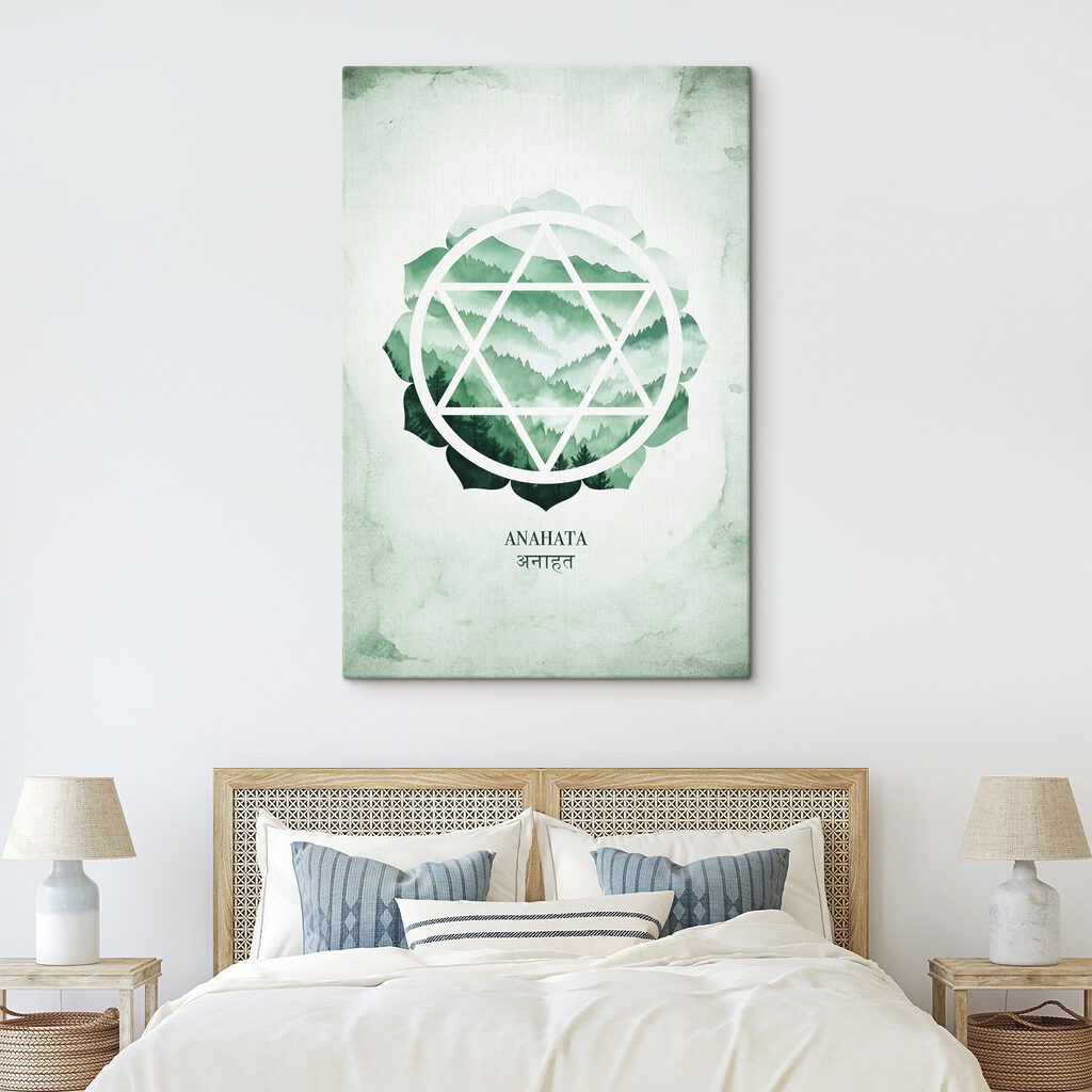 Green and white symbol with mountains in the background