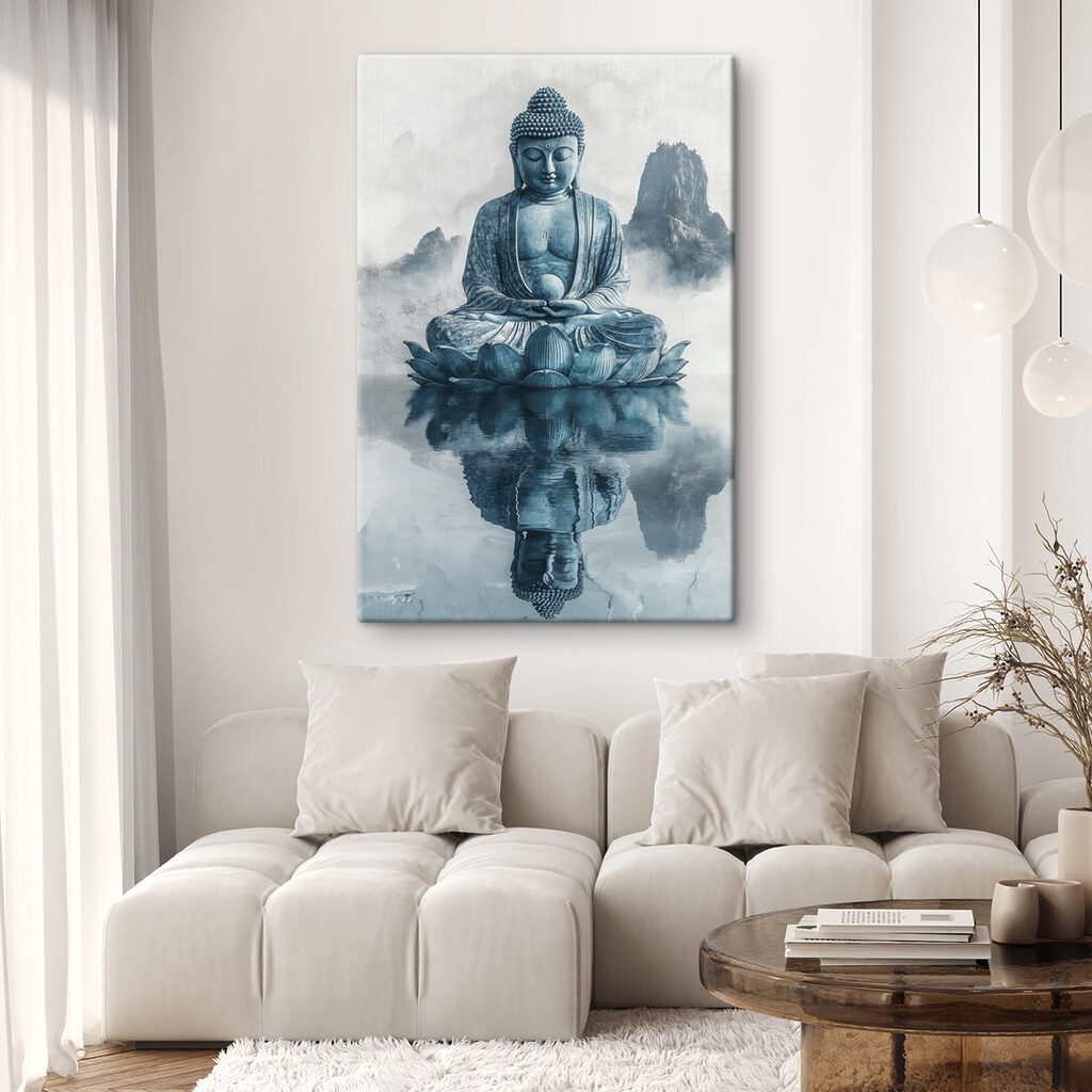 Statue of a person sitting on a lotus flower in water