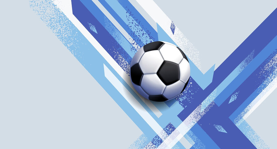 Balón de fútbol sobre fondo azul y blanco