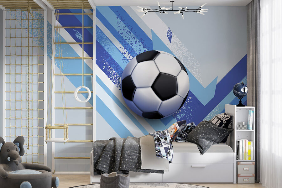 Balón de fútbol sobre fondo azul y blanco