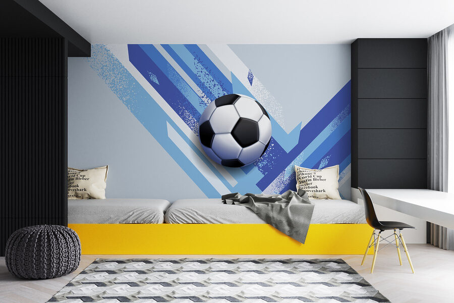 Balón de fútbol sobre fondo azul y blanco