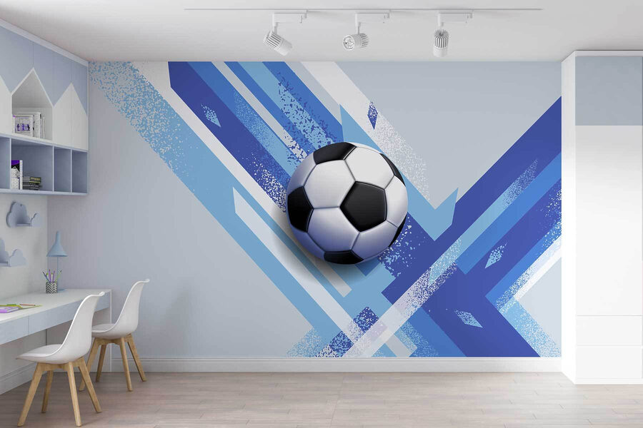 Balón de fútbol sobre fondo azul y blanco
