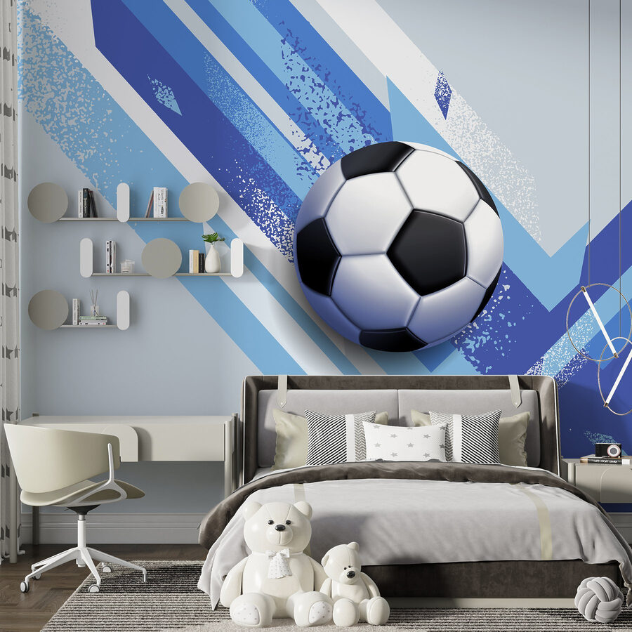 Balón de fútbol sobre fondo azul y blanco